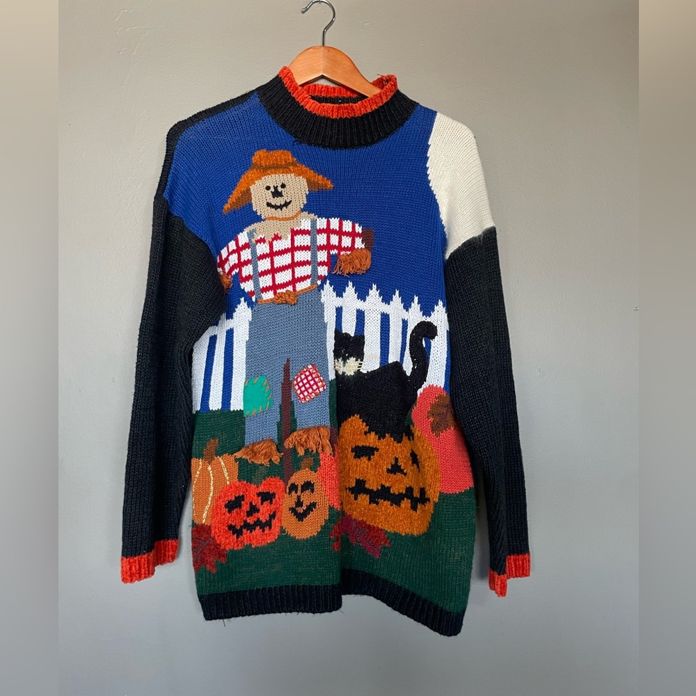 Colorful Halloween Sweater with Scarecrow and Pumpkins